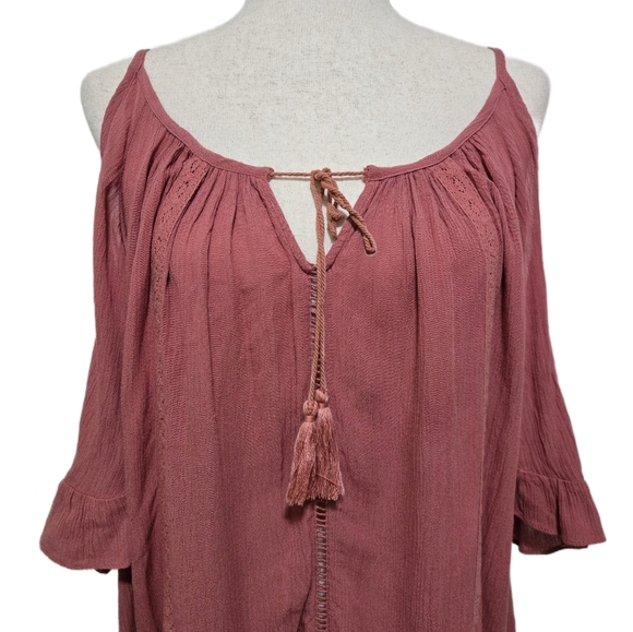 Knox Rose Dusty Rose Cold Shoulder Boho Top With Tassel Tie And Lace Size Medium - Picture 2 of 12